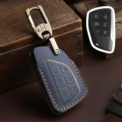 Crazy Horse Cowhide Car Key Cover for Buick Envision Plus 2023 - navy stitched cowhide key fob cover protecting buttons and signal