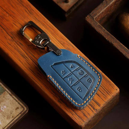 Crazy Horse Cowhide Car Key Cover for Buick Envision Plus 2023 blue leather key cover with stitching and keyring protecting buttons