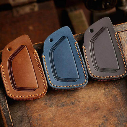 Crazy Horse Cowhide Car Key Cover for Buick Envision Plus 2023 in brown, blue, and black leather protecting key with stitched edges