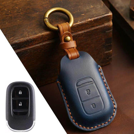 Hallmo 2024 Honda Odyssey Cowhide Key Protection Cover - navy genuine cowhide key fob cover with brown strap and brass ring, precise fit, protects buttons