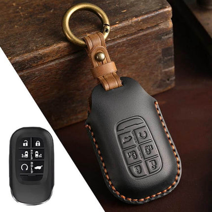 Hallmo 2024 Honda Odyssey Cowhide Key Protection Cover - genuine cowhide black key fob case with stitched edges and brass keyring