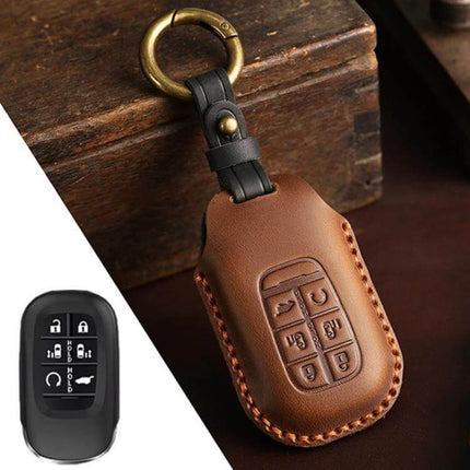 Hallmo 2024 Honda Odyssey Cowhide Key Protection Cover in brown genuine leather with key fob fit, stitched edges and brass keyring