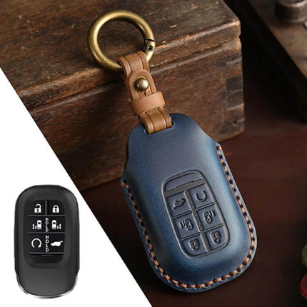 Hallmo 2024 Honda Odyssey Cowhide Key Protection Cover in blue leather with brass ring, snug fit protecting key fob without blocking buttons