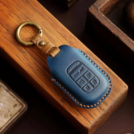 Hallmo 2024 Honda Odyssey Cowhide Key Protection Cover in blue genuine cowhide with brass keyring protecting standard Honda key fob