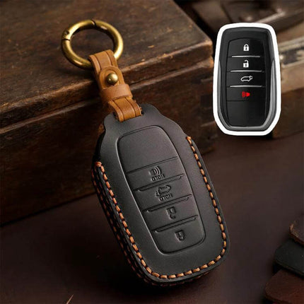 Cowhide Key Cover For Toyota Sienna Four To Six Button - brown leather key fob cover with brass ring, slim protective design