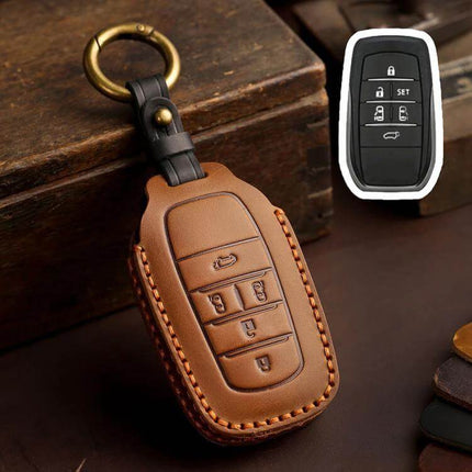 Cowhide Key Cover For Toyota Sienna Four To Six Button brown leather key fob cover with brass ring protecting buttons