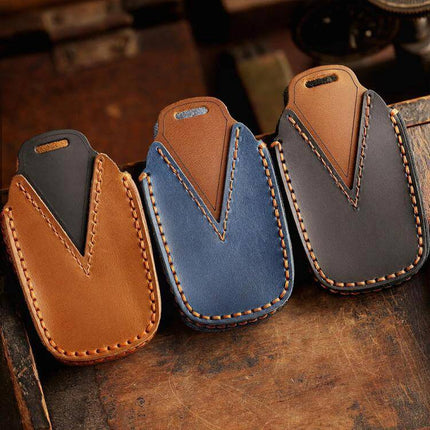 Cowhide Key Cover For Toyota Sienna Four To Six Button - brown blue leather protective fob sleeve with stitched edges