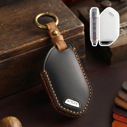 Hallmo Cowhide Kia Key Cover For Car Key Fob Soft Fit black cowhide leather key fob cover with brown stitching and brass key ring