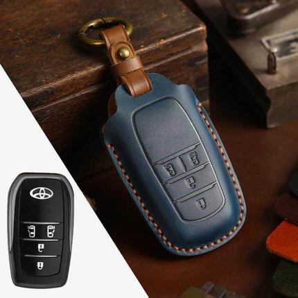 Toyota Alphard Key Cover for 4-Button and 5-Button – blue cowhide slim protective key fob case with stitched edge and leather keyring
