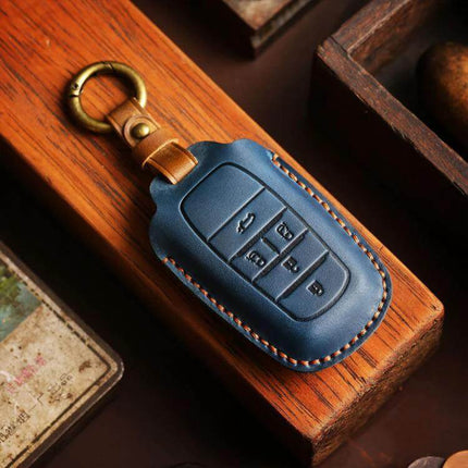Toyota Alphard Key Cover for 4-Button and 5-Button - navy cowhide leather slim protective key fob pouch with keyring