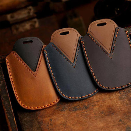 Toyota Alphard Key Cover for 4-Button and 5-Button cowhide leather slim protective key fob sleeve in brown and navy, stitched pocket-friendly design