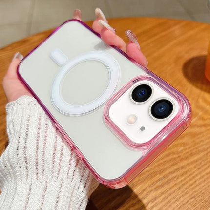 Transparent Phone Case For Everyday Protection And Travel showing clear acrylic TPU case with pink bumper, slim fit, wireless charging compatible