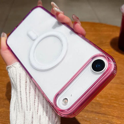 Protective Phone Case For iPhone Daily Handling And Travel, Scratch Resistant Shield clear white back with pink bumper showing camera cutout and MagSafe ring