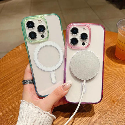 Transparent Phone Case For Everyday Protection And Travel shown on two clear iPhone cases with MagSafe charger, slim acrylic TPU design for travel and pockets