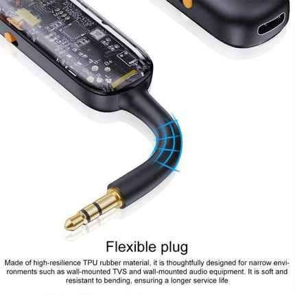 BOYI AUX Car FM Transmitter for In Car Music Bluetooth 5.3 showing flexible 3.5mm plug and transparent casing with visible circuit board