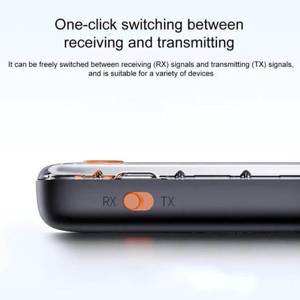BOYI AUX Car FM Transmitter for In Car Music Bluetooth 5.3 showing one-click RX/TX switch on compact unit