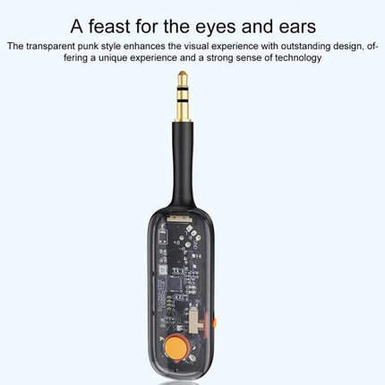 BOYI AUX Car FM Transmitter for In Car Music Bluetooth 5.3 — transparent 3.5mm plug with visible circuitry, compact Bluetooth 5.3 car FM transmitter