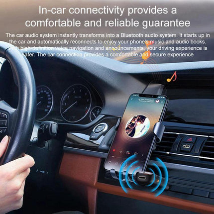 BOYI AUX Car FM Transmitter for In Car Music Bluetooth 5.3 plugged into car vent playing phone music, showing Bluetooth signal and hands-free call