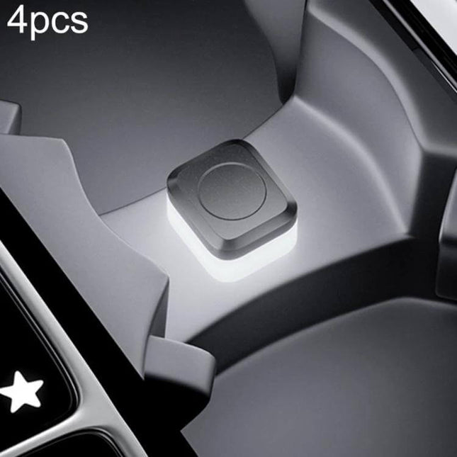 Car USB LED Atmosphere Lights 4-Pack For Cabin Ambience subtle white USB-powered puck light in car cupholder showing one illuminated unit