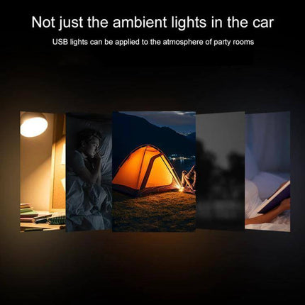 Car USB LED Atmosphere Lights 4-Pack For Cabin Ambience showing USB-powered ambient lighting used in car, tent, bedroom and party room scenes