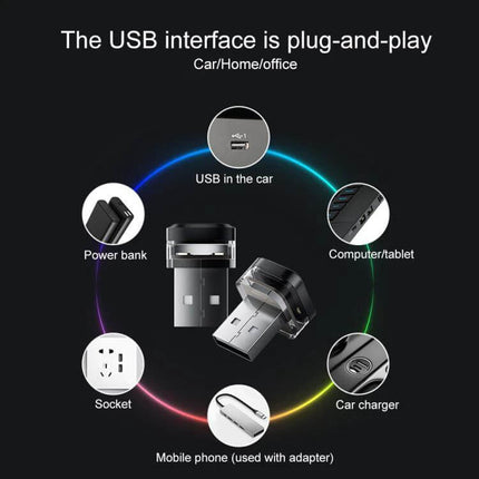 Car USB LED Atmosphere Lights 4-Pack For Cabin Ambience showing USB plug-and-play options with car USB, power bank, car charger and socket