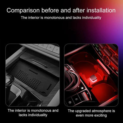 Car USB LED Atmosphere Lights 4-Pack For Cabin Ambience - red cupholder and center console ambient lighting before and after comparison
