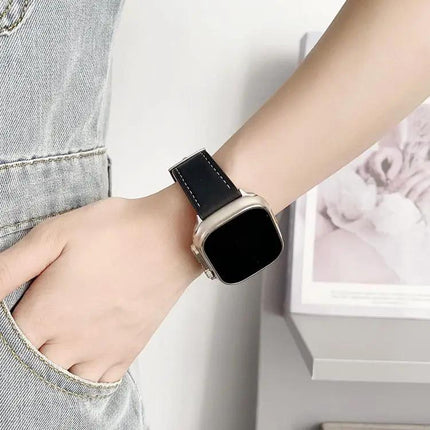 Xdfind Black Fine Grain Leather Watch Band For Apple Watch