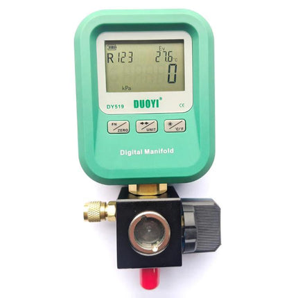 DUOYI Digital Manifold Gauge for Everyday Home AC Checks - green digital manifold gauge showing pressure and temperature display