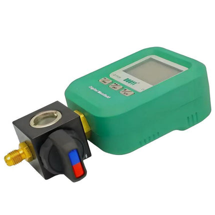 DUOYI Digital Manifold Gauge for Everyday Home AC Checks showing green digital gauge with valve for routine refrigerant pressure monitoring