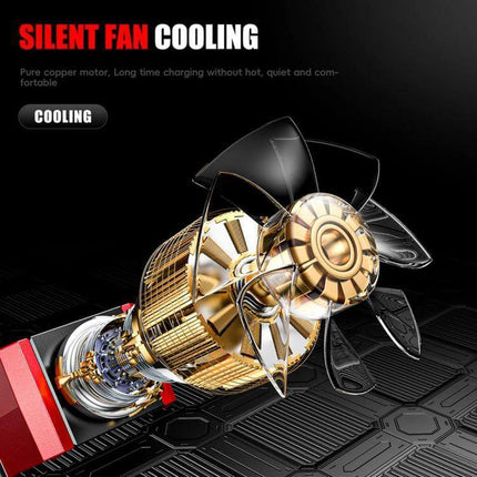 Car And Motorcycle Battery Charger With Worldwide Plugs showing internal silent fan cooling motor and blade assembly