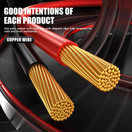 Car And Motorcycle Battery Charger With Worldwide Plugs - close-up of copper wire battery cables with red and black insulation, alligator clip-ready