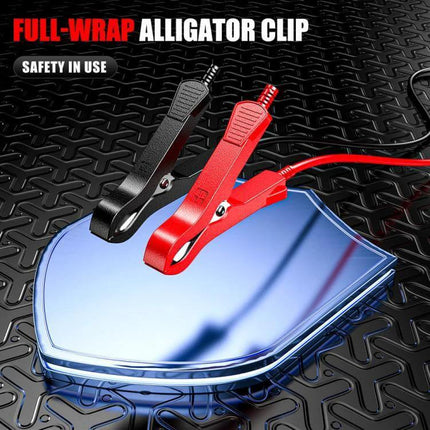 Car And Motorcycle Battery Charger With Worldwide Plugs showing red and black full-wrap alligator clips on 12V battery charger setup