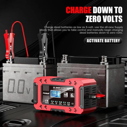 Car And Motorcycle Battery Charger With Worldwide Plugs compact 12V charger, maintainer and desulfator with clamps and display, charges dead batteries down to 0V