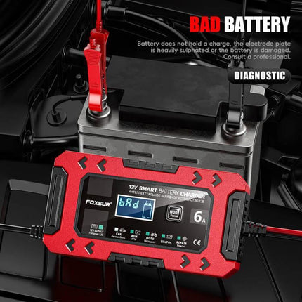 Car And Motorcycle Battery Charger With Worldwide Plugs connected to a car battery showing diagnostic display and red clamp