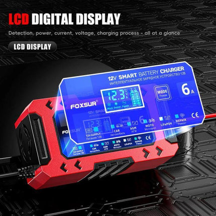 Car And Motorcycle Battery Charger With Worldwide Plugs - compact 12V smart charger with LCD display, maintainer, trickle charge and desulfator, 6A