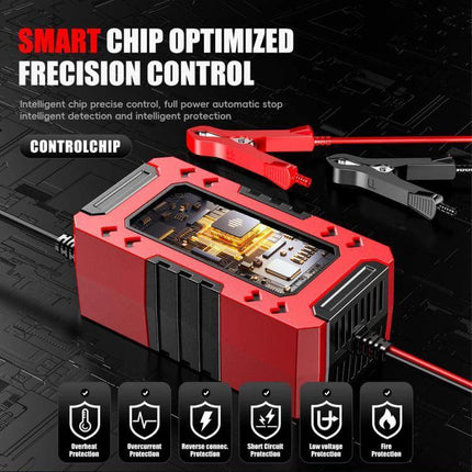 Car And Motorcycle Battery Charger With Worldwide Plugs compact red smart-chip 12V charger with clamps showing protections and worldwide plug compatibility