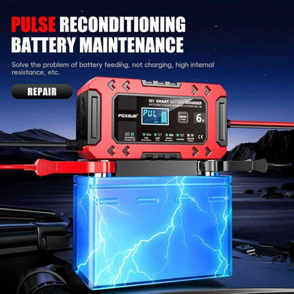 Car And Motorcycle Battery Charger With Worldwide Plugs on 12V battery showing pulse reconditioning maintenance and repair display