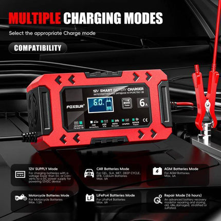 Car And Motorcycle Battery Charger With Worldwide Plugs - red 12V smart charger with display, all-in-one maintainer and desulfator