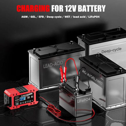 Car And Motorcycle Battery Charger With Worldwide Plugs compact 12V charger maintainer desulfator shown charging multiple batteries