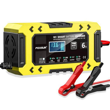Car And Motorcycle Battery Charger With Worldwide Plugs compact 12V smart charger maintainer trickle desulfator with clamps and digital display