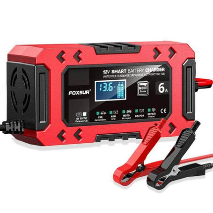 Car And Motorcycle Battery Charger With Worldwide Plugs compact 12V smart charger red with clamps and digital display
