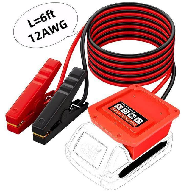 Car Battery Jump Adapter for Milwaukee and Makita Tools — 6ft 12AWG cables with red and black clamps for using tool batteries to jump-start vehicles