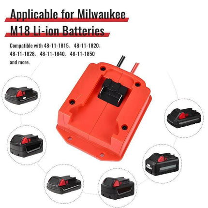 Car Battery Jump Adapter for Milwaukee and Makita Tools - red adapter showing M18 Li-ion battery mount and compatible battery examples