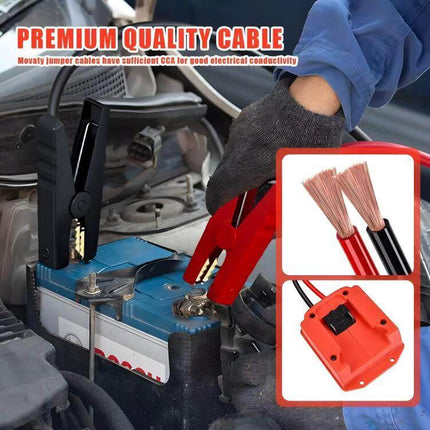 Car Battery Jump Adapter for Milwaukee and Makita Tools connected to car battery with heavy-duty clamps and braided copper cables