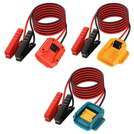 Car Battery Jump Adapter for Milwaukee and Makita Tools - battery clamp adapter set with red and black cables and tool battery mounts for emergency jump-starts