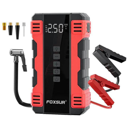 FOXSUR Portable Emergency Car Starter with Air Pump compact red jump starter and air pump kit with clamps and accessories