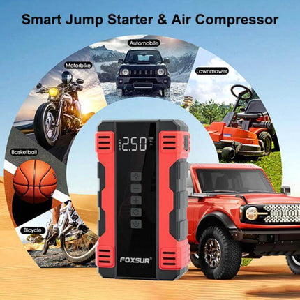 FOXSUR Portable Emergency Car Starter with Air Pump compact jump starter and air compressor for cars, motorcycles, bikes and lawn equipment