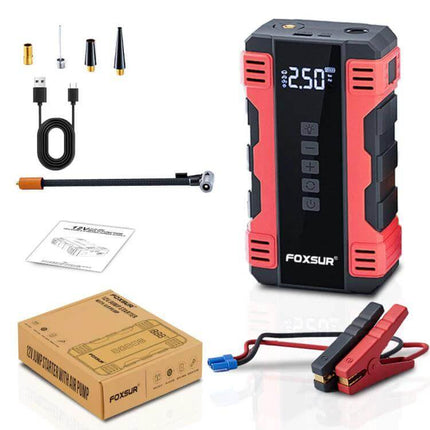 FOXSUR Portable Emergency Car Starter with Air Pump compact jump starter and air pump kit with clamps, hoses, adapters, USB cable and box
