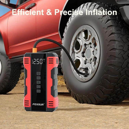 FOXSUR Portable Emergency Car Starter with Air Pump inflating a truck tire next to red SUV, compact jump starter and digital gauge