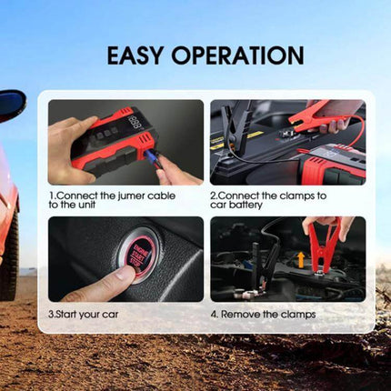 FOXSUR Portable Emergency Car Starter with Air Pump showing easy operation steps: connect jumper cable, clamp to battery, start car, remove clamps